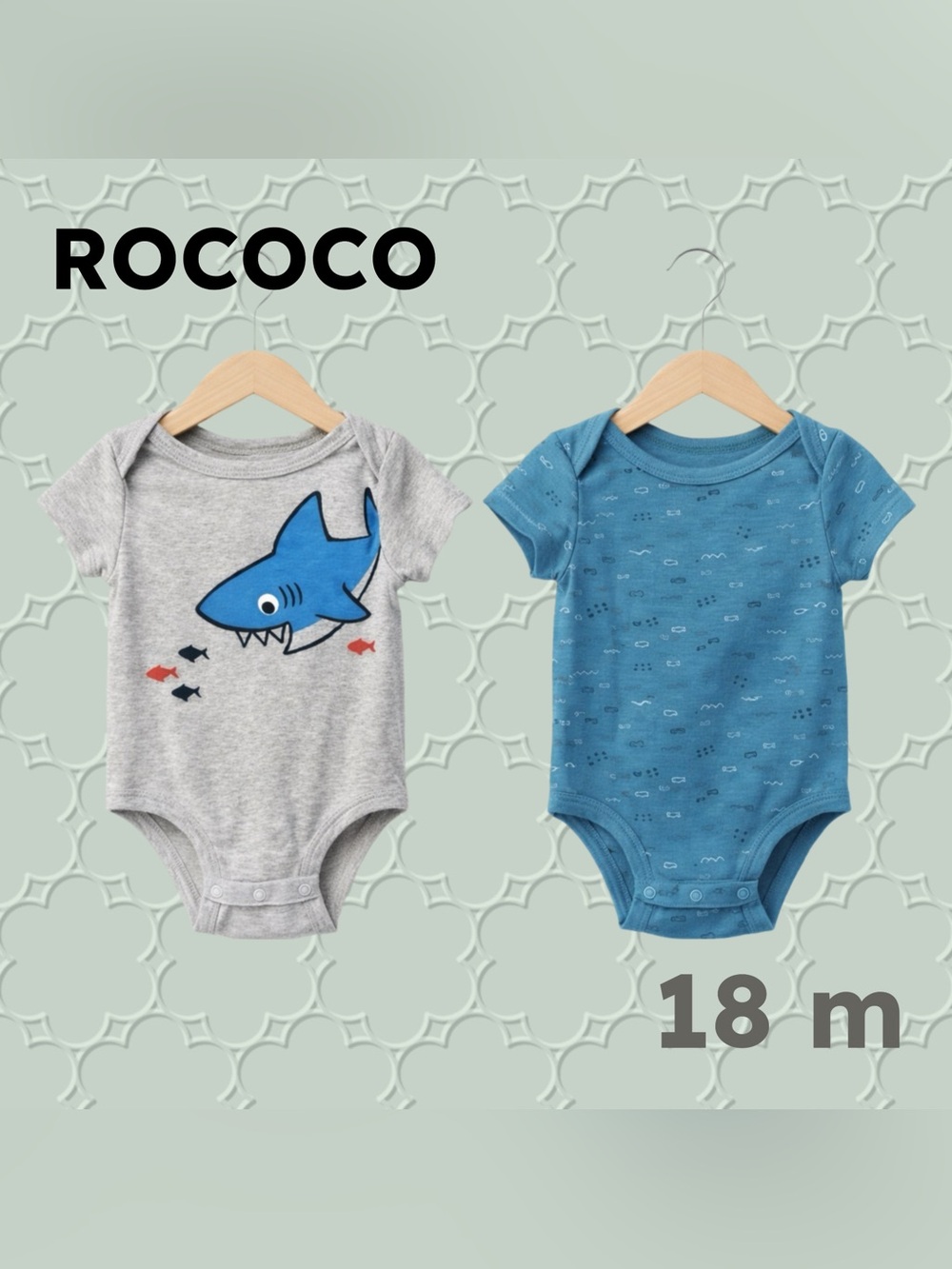 👍GUC ROCOCO |18 m | 2X Unisex Gray & Blue Shark Print Short sleeves onesies